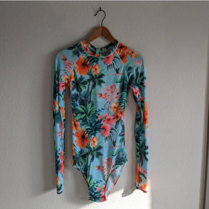 Axesea Women's Floral Flamingo Zip Long Rash Guard One Piece Teal/Peach | 6